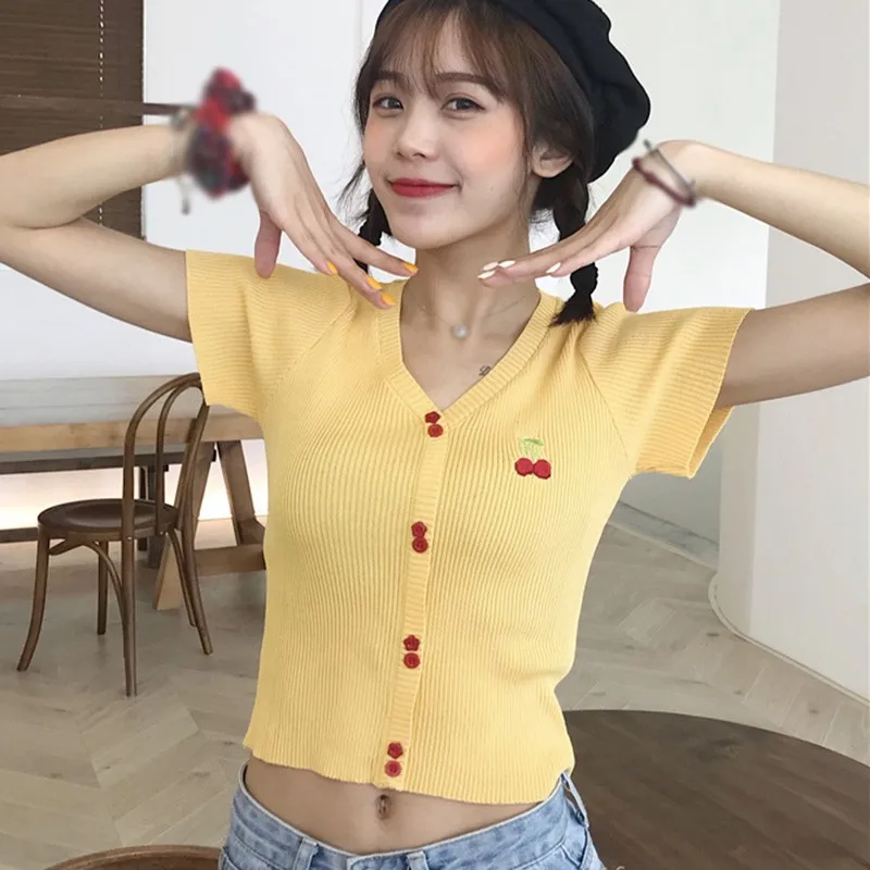 

Women T-shirts V-Neck Knitting Tops Short Sleeve Cherry Embroidery T Shirt Women Summer Short Tee Top