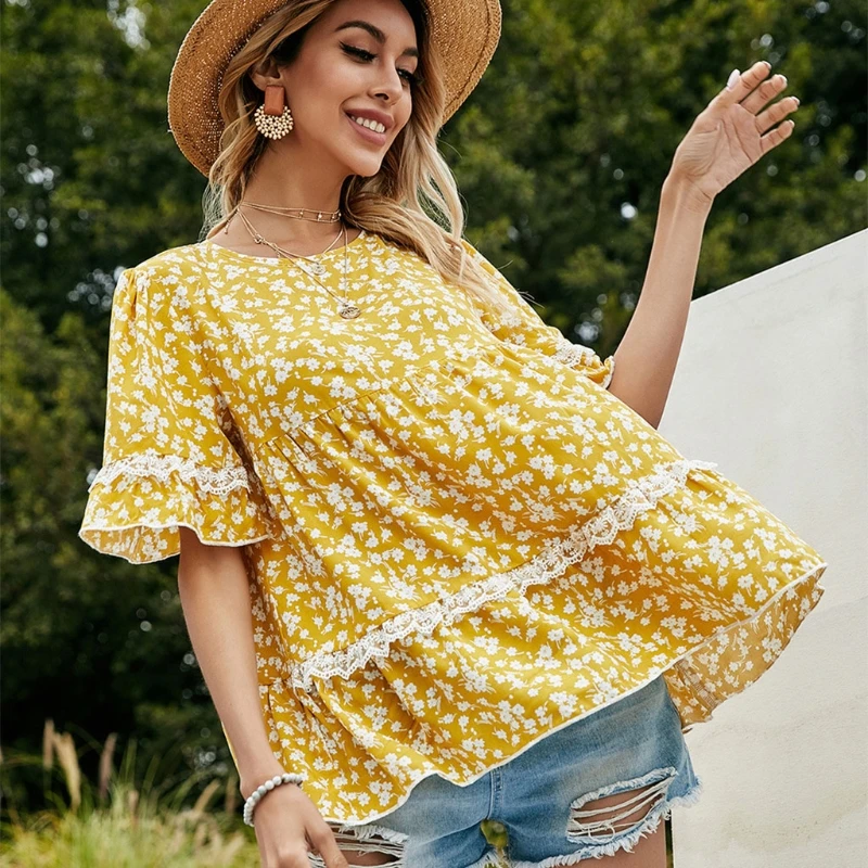 

Women Floral Printing Blouses Short Sleeve Round Neck Loose Summer Casual Shirts Y3NE