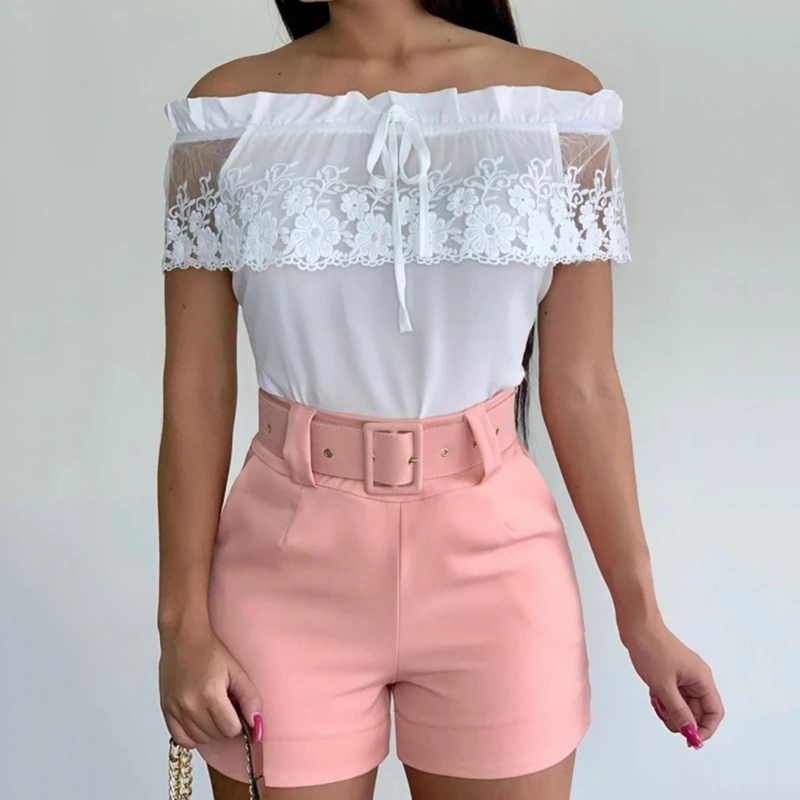 Женская летняя рубашка с воротником без бретелек кружевной топ Сексуальная