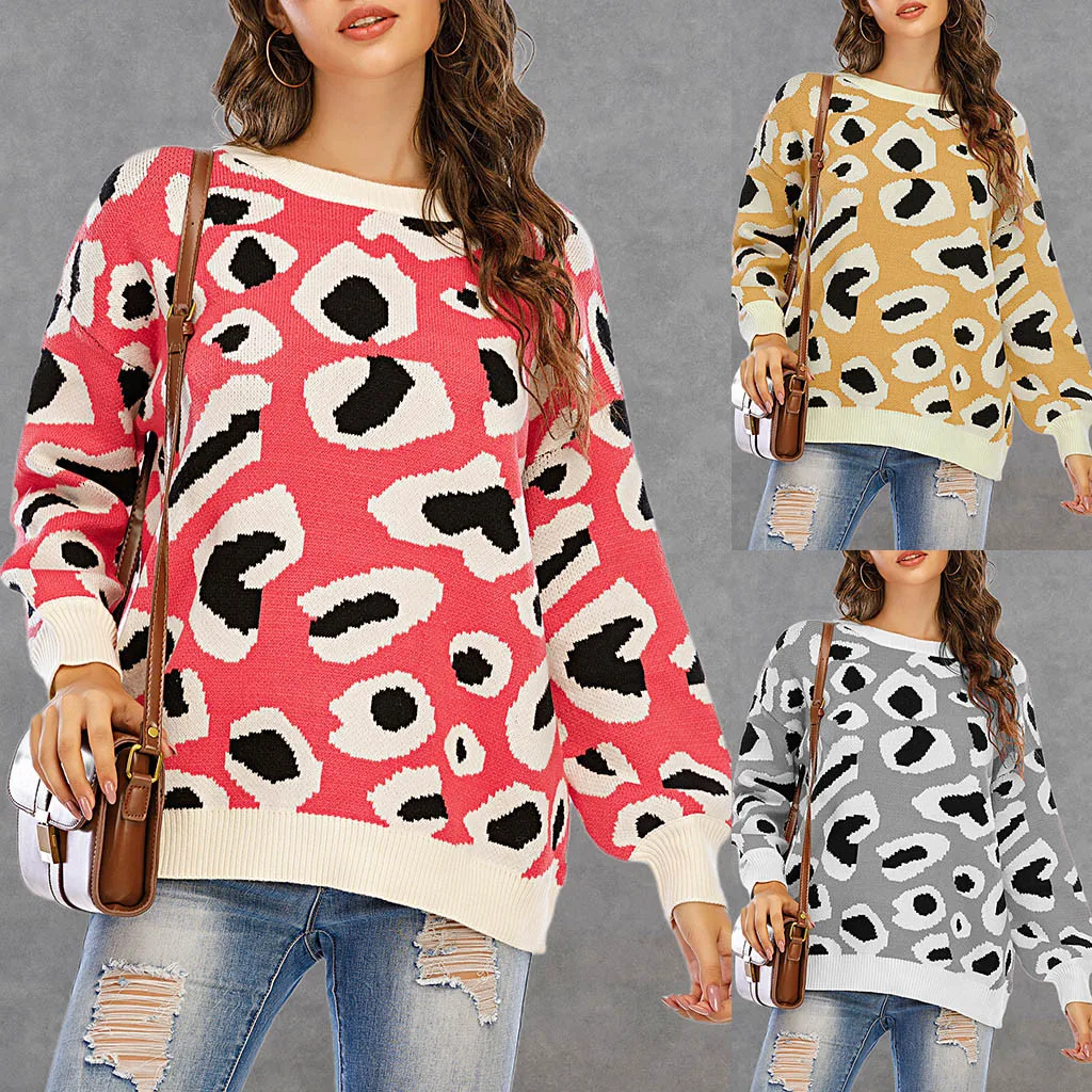 

Women's Fall And Winter Pullover Loose Sweater Leopard Sweater Casual Sweater Red,Yellow,Gray mujer suteres