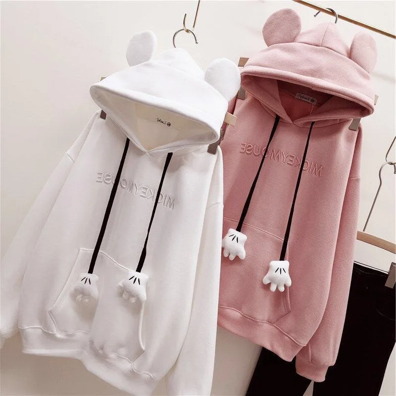 

New Women Cute Hoodies Autumn Winter Thick Warm Embroidery Pullovers Fashion Women Girls Sweet Winter Loose Hooded Sweatshirts