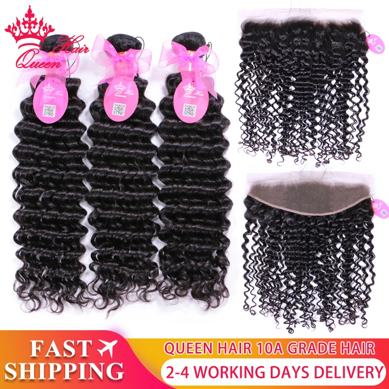 

Queen Hair Official Store 100% Human Hair Bundles with Lace Closure Brazilian Deep Wave Bundles with Frontal Closure Virgin Hair