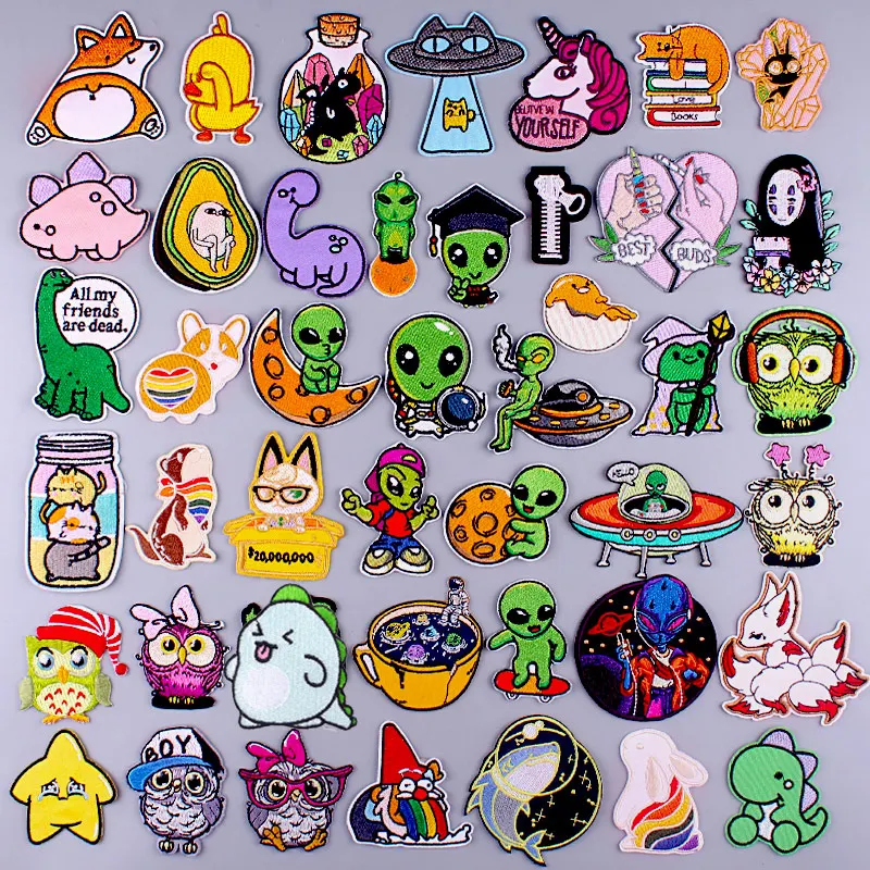 

Alien Cute Animal Patch Embroidered Patches For Clothing Frog/Dog Patch Iron On Patches On Clothes Stripe Applique Sticker Diy