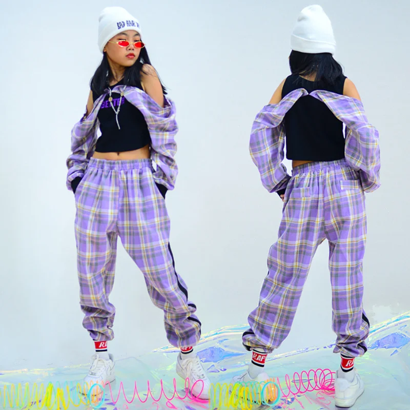 

Kids Jazz Dance Costumes Purple Plaid Hiphop Suit Girls Jazz Street Dance Clothing Children Hip Hop Practice Clothes