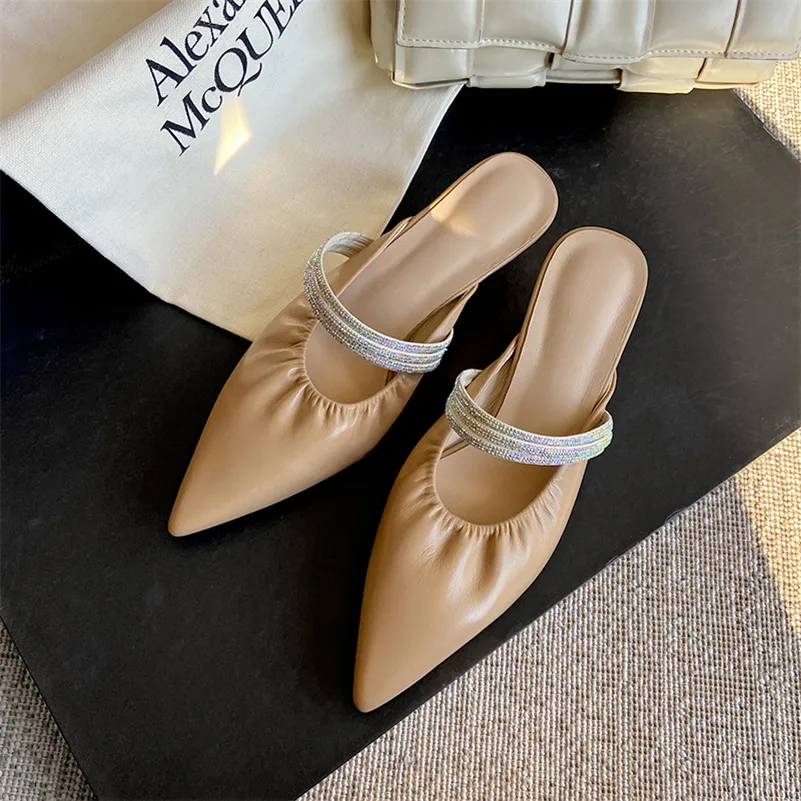 

ANNYMOLI Women Mules Shoes High Heel Genuine Leather Pumps Pointed Toe Rhinestone Fashion Shoes Stiletto Heels Female Footwear