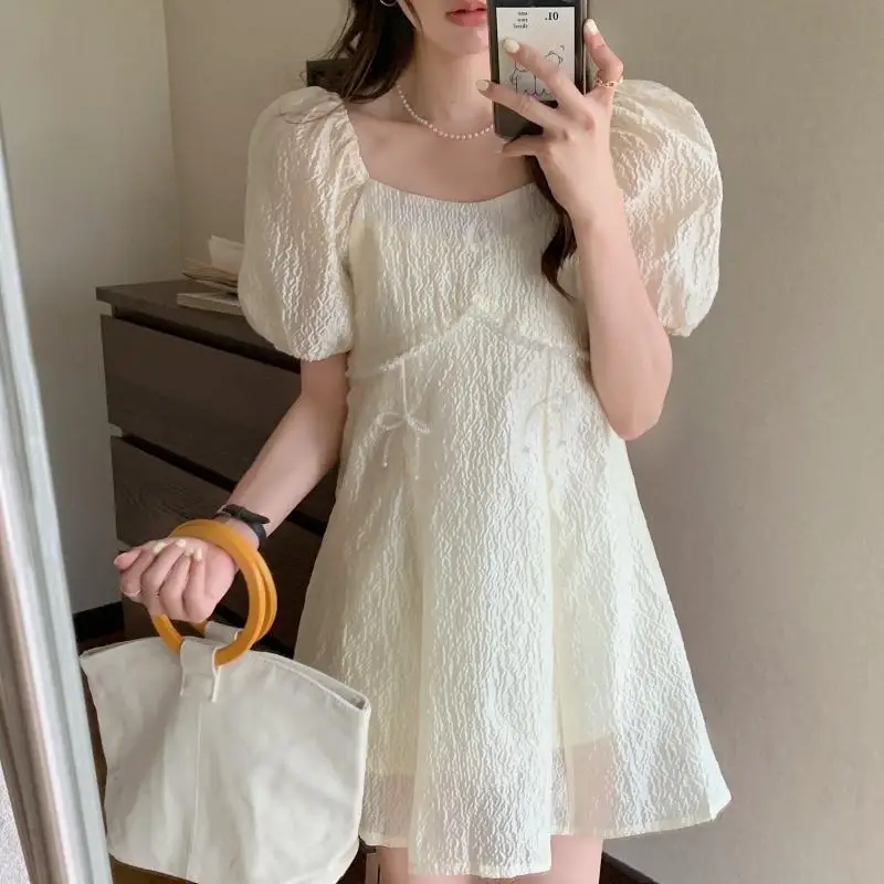 

COIGARSAM Cute Women dress French Style Puff Sleeve Dresses Apricot Blue 9745