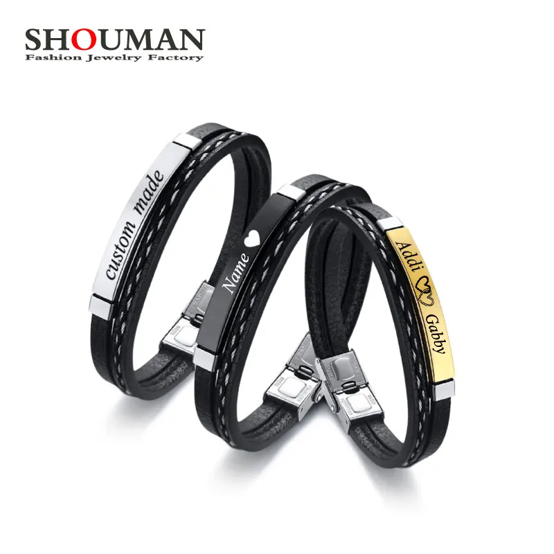 

SHOUMAN Personalized Custom Name Men And Women Couple Multi-layer Leather Bracelet Stainless Steel Fashion Casual Jewelry gift