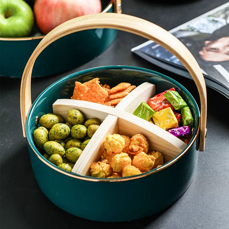 Creative Ceramic Dry Fruit Dessert Snack Tray with Bamboo Handle Home Compartment Bowl Living Room 4 Grid Storage Basket | Дом и сад