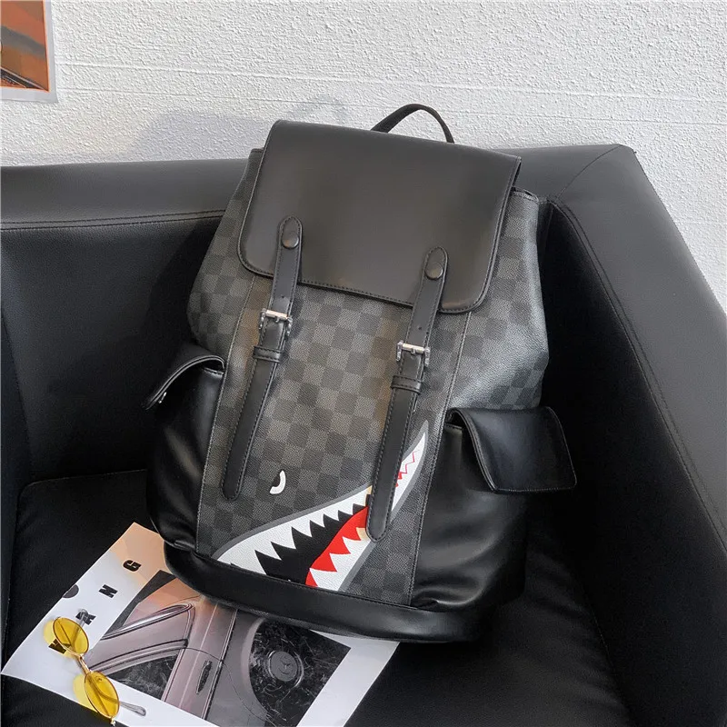 

Shark Designer Leather Backpack Women Shoulder Bag Black Plaid School Travel Backpack Men's Laptop Large Bagpack Mochila Hombre