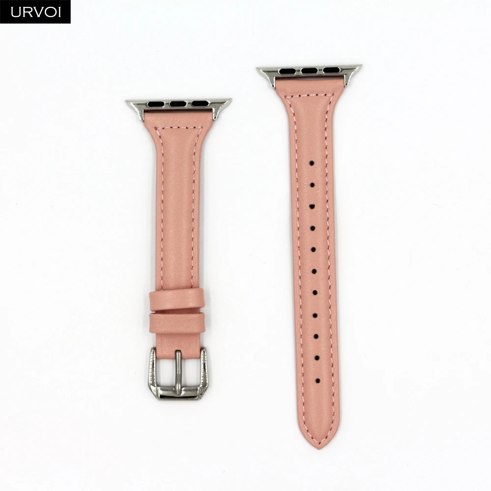 Soft pink URVOI тонкий ремешок для наручных часов Apple Watch, версии 5/4 3/2/1 пояса из натуральной кожи swift кожаный ремешок для наручных часов iWatch, наручные часы Современный для маленьких девочек с рисунком в стиле ремень - Цвет ремешка: Soft pink