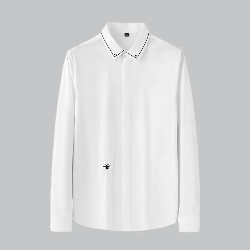 2021 autumn and winter new non-iron high-end solid color men's long-sleeved shirt embroidery all-match pure white men's shirt