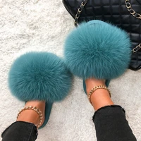 plush slippers real fox fur slides indoor flat fluffy flip flops casual ladies house slippers summer sandals furry womens shoes