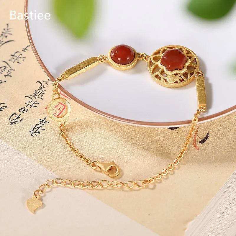 Bastiee Red Agate 925 Sterling Silver Bracelet For Women Bracelets Hmong Jewelry Luxury Golden Plated Flower Hollow Out