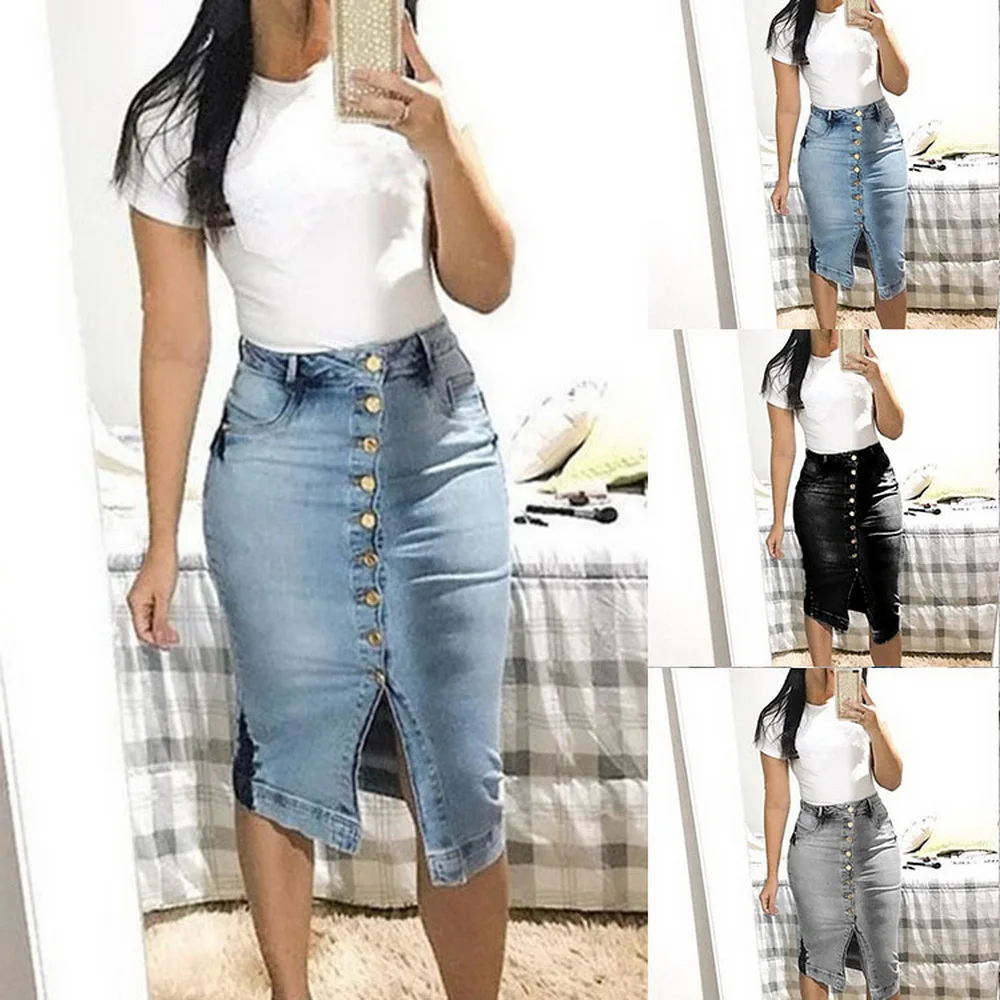 Женская джинсовая юбка с высокой талией и пуговицами спереди облегающая