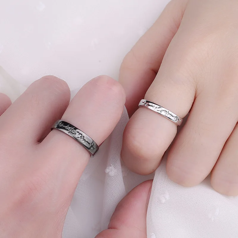 

Love Heart Couple's Electrocardiogram Open Rings for Women Men Lover Black Silver Color Engagement Wedding Valentine'Day Gift