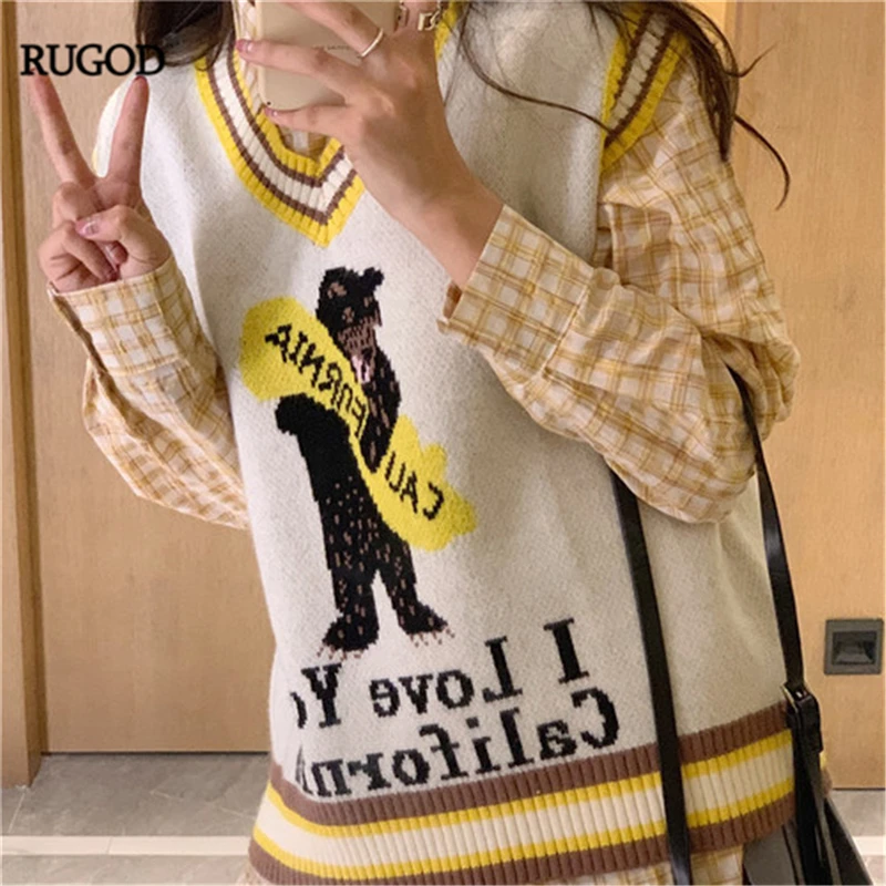RUGOD 2019 Новый женский мультяшный вязаный свитер жилет или клетчатая рубашка Милая