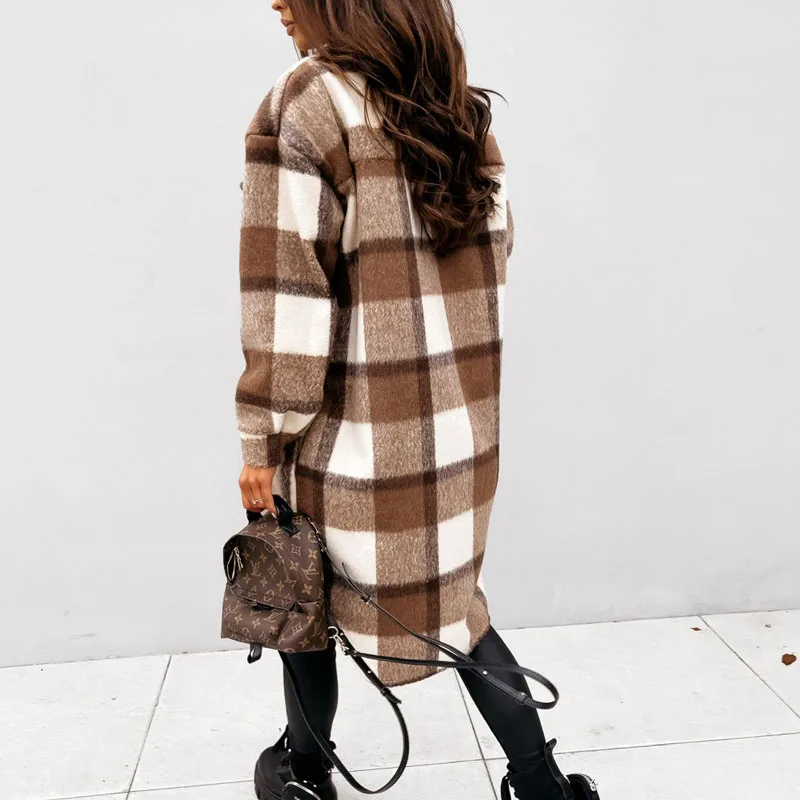 

Women Winter Autumn Elegant Plaid Print Coat Long Sleeve Turn-Down Collar Button Long Jacket Casual Pocket Outerwear Streetwear