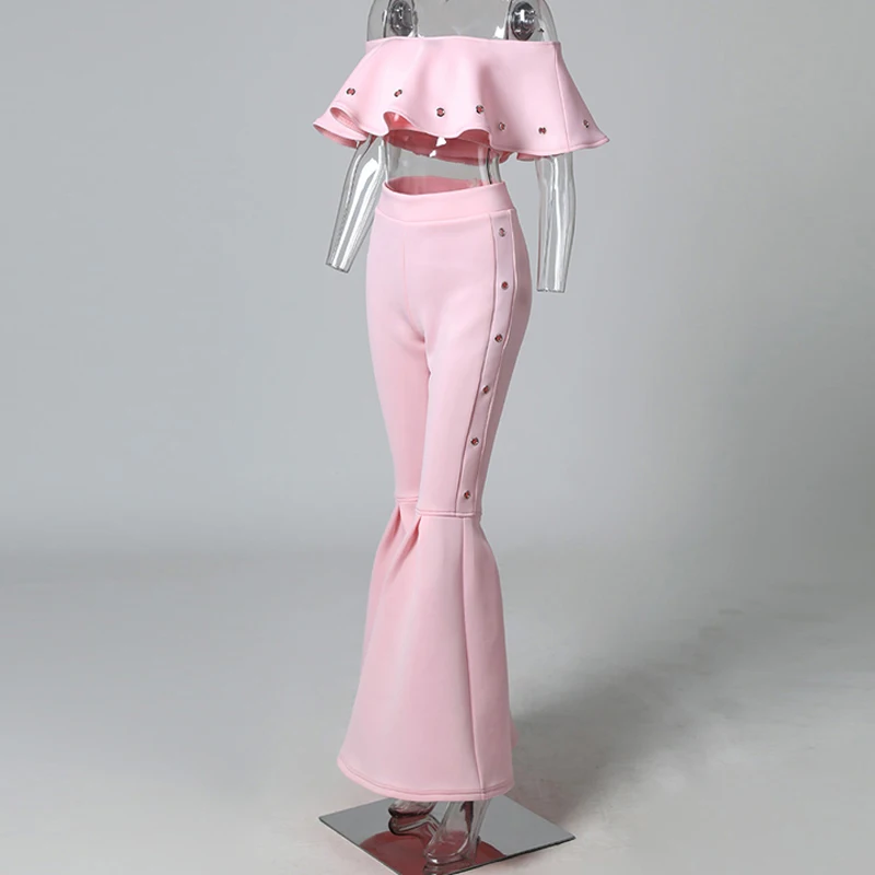 

Women Two Piece Outfits Off Shoulder Ruffle Crop Tops and Flare Pants 2 Piece Set Summer Club Party Festival Set