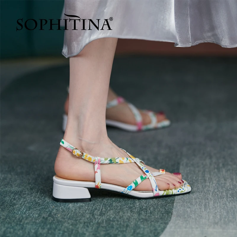 

SOPHITINA Genuine Leather Summer Women Shoes Sandals Low Heel Elegant Dressing Square Toe Stylish New Floral Back Strap FO527