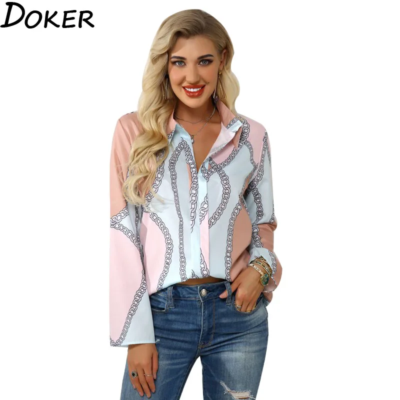 2020 New Design Women Office Blouse Turn Down Collar Long Sleeve Plus Size Clothes Chain Print Shirt Womens Tops And Blouses solid color turn down collar single breasted long sleeve office blouse plus size streetwear womens casual tops and blouses