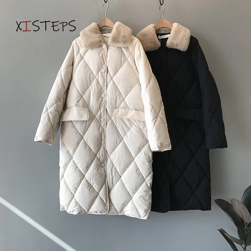 2021 Winter Women Parkas Large Size Ladies Long Overcoat Beige Black Thick Warm Female Fur Collar Plaid Coats Loose Fur Parka