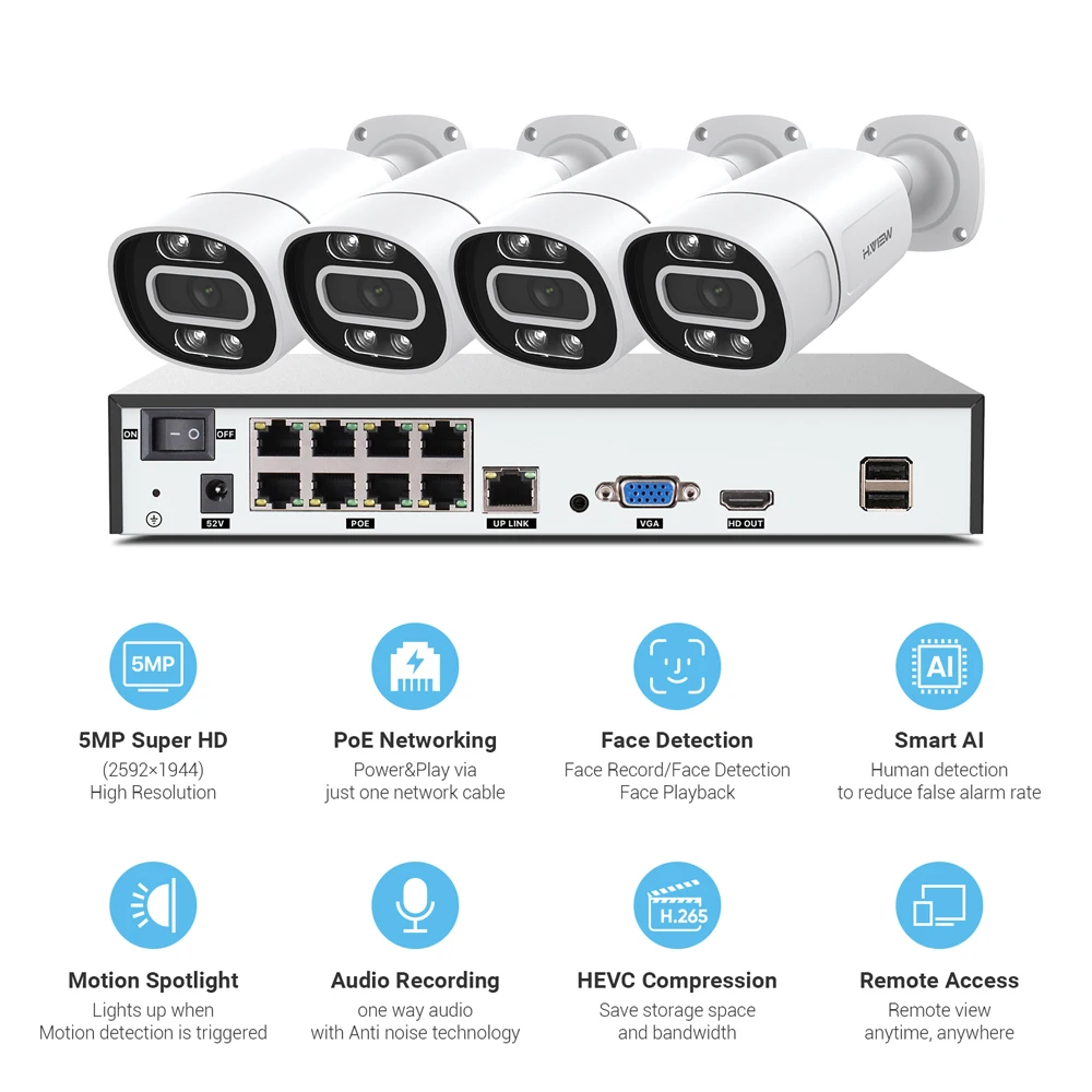 h view 5mp ip camera poe nvr set 8ch cctv security cameras system outdoor ai face detection home audio video surveillance kit free global shipping