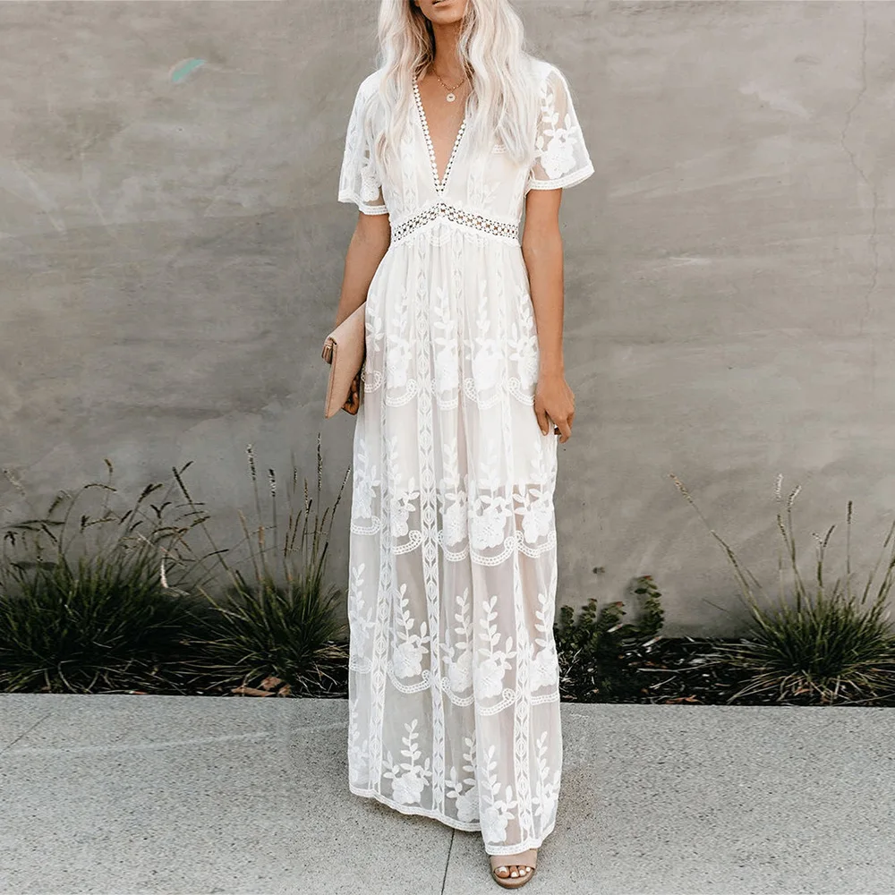 

2020 Summer sexy v neck lace trim patchwork embroidery white maxi dress Women short sleeve loose long tunic beach dress sukienka