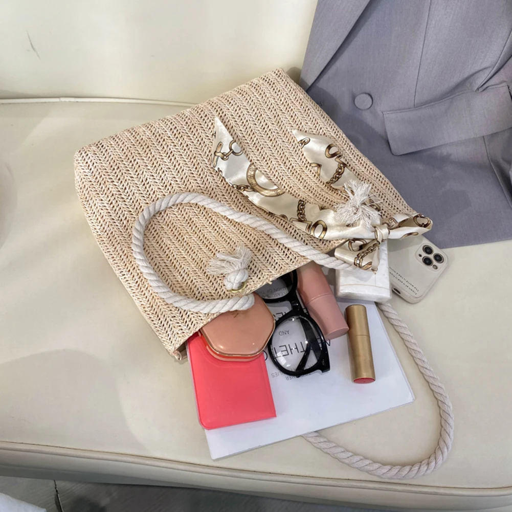 

Vintage Women Straw Woven Silk Scarf Shoulder Bag Casual Female Large Capacity Handbag Summer Beach Vacation Shopping Bag Tote