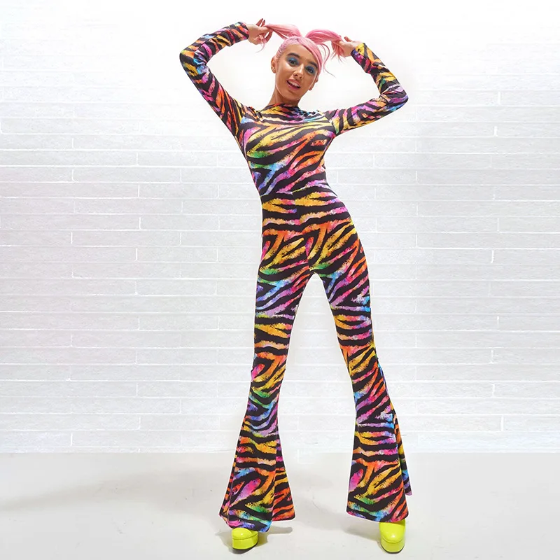 Rainbow Zebra Print Jumpsuit Women Long Sleeve Flare Pants Ladies Rompers Open Back Female Catsuit Backless |