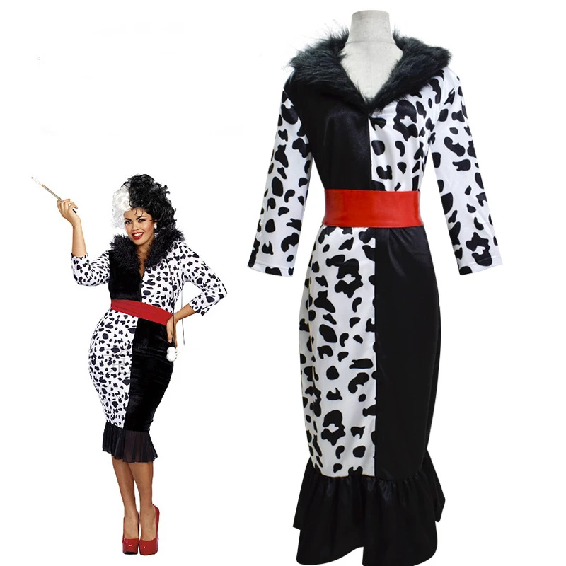 XS-3XL Neue Ankunft Cruella De Vil Cosplay Kostüm 101 Dalmatiner Bösewicht Uniform Kleid Up Halloween Kostüm für Frauen
