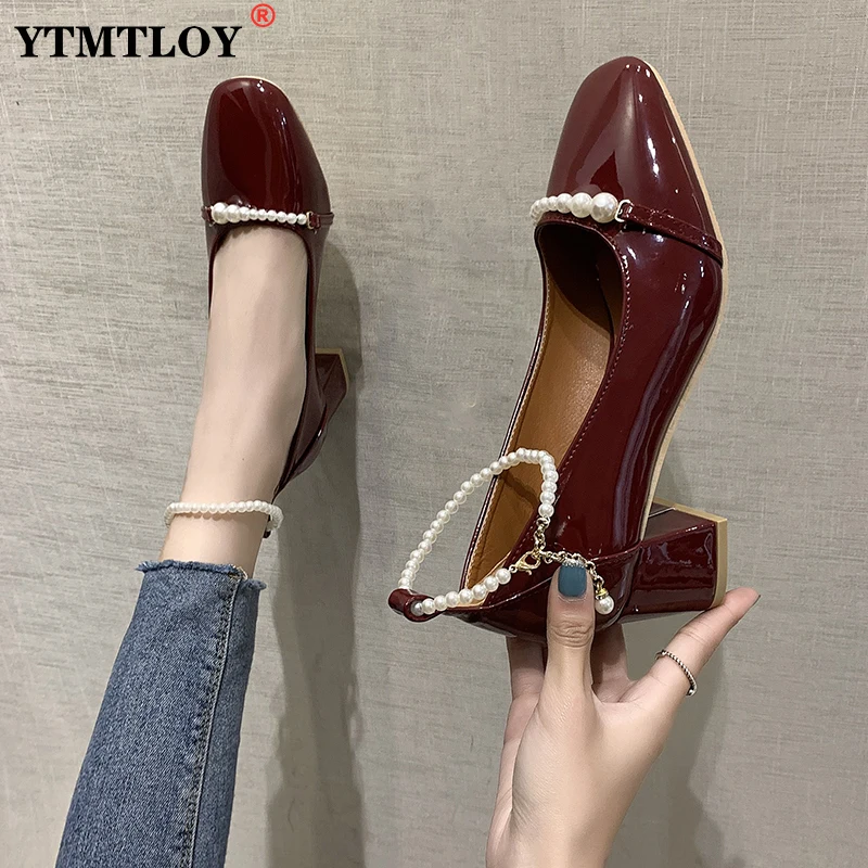 

Туфли-лодочки женские из лакированной кожи, на высоком каблуке, с жемчугом