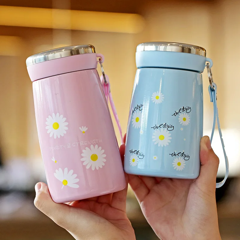 

280/320ml Small Daisy Thermos For Tea Brewing Double Layer Stainless Steel Vacuum Flask Coffee Bottle With Handle Mini Kettle