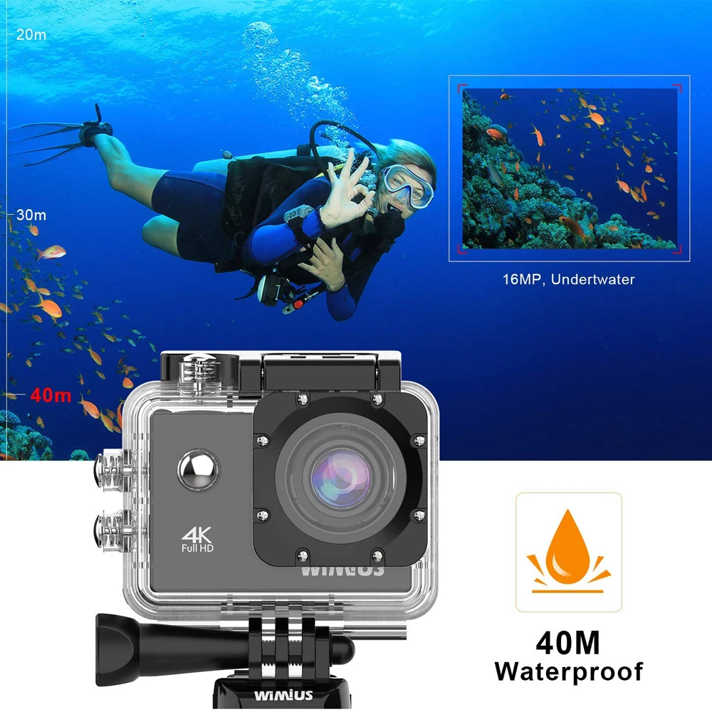 WIMIUS 4K wifi Спортивная экшн видеокамера HD 40m Водонепроницаемая камера дайвинга 12MP 170