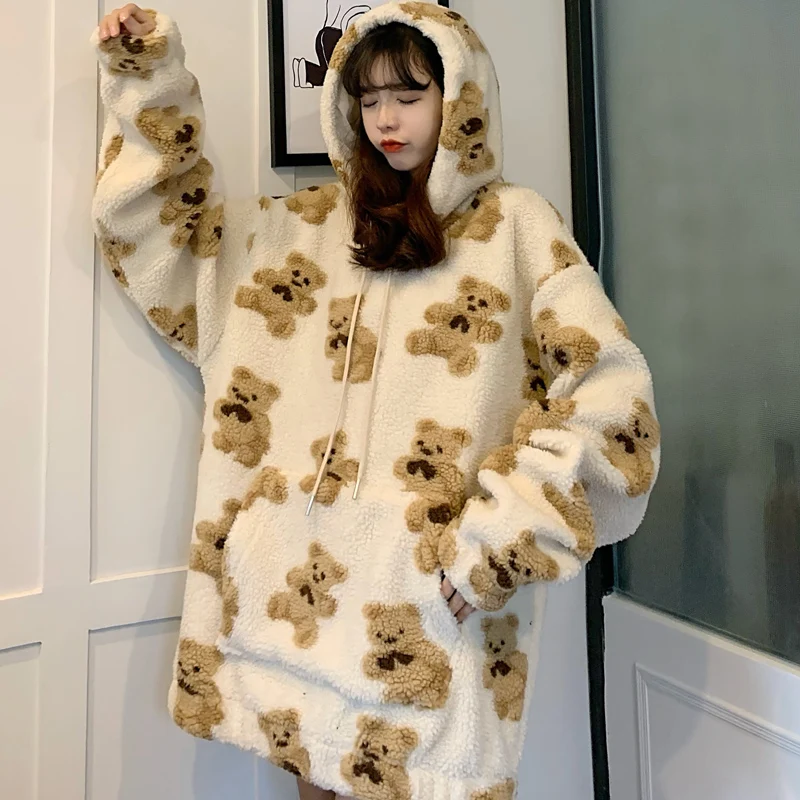 

Brown Tops Y2K Fashion Oversize Long Sleeve hoodie Teddy Bear hoodied lamb wool Sweatshirts Egirl Outfit Vintage