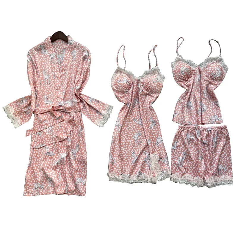 

Printed 4PCS Pajamas Suit Lady Casual Nightwear Satin Intimate Lingerie Summer New Home Clothing Sleep Set Silky Sleepwear