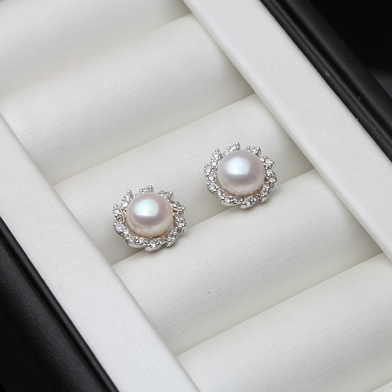 

Trendy 925 Sterling Silver Leaf Small Stud Earring White black Natural Freshwater Pearl Earrings for Women Girl Fine Jewelry