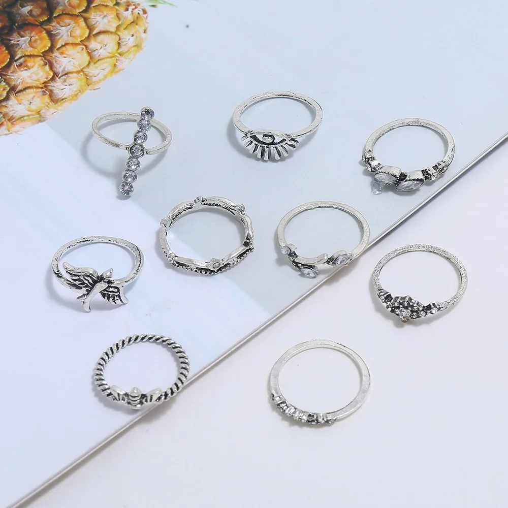 9Pcs/Set Vintage Bee Swallow Ring Set With Stone Silver Color Phalanx Women's Rings Boho 2020 Trend Midi Knuckle Gift Jewelry |