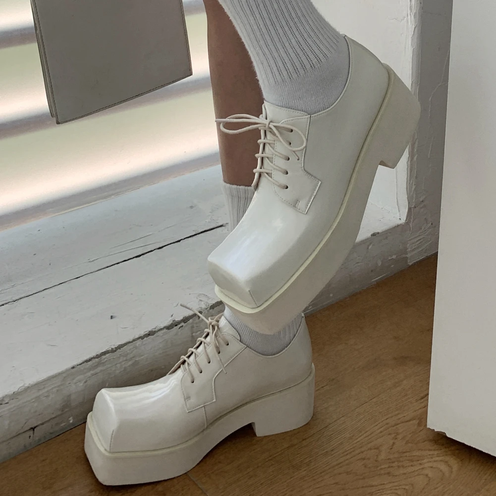 

Karinluna New Brand Fashion women shoes Cow Leather Flat Platform Square Toe Cross-tied Office Ladies Sqaure Heels Female Flats