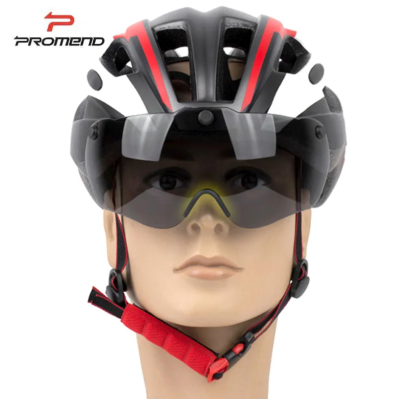 

PROMEND Windproof Road Bike Helmet Riding Safety Caps Breathable Bicycle Helmets with Goggles Mtb Helmet Removable Lens