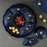 high end european ceramic dried fruit plate starry sky rotatable 6 grid lid snack dessert tray trinket dish cute ceramic tray