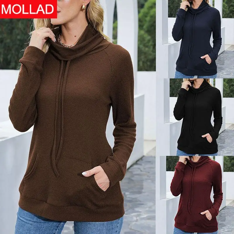 

2021 Women's Autumn and Winter New Solid Color Long Sleeve Waffle Turtleneck Top Pocket Knitwear
