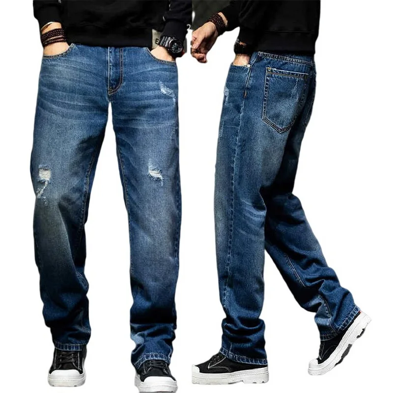 High Waist Jeans Big Men Black Size 42 44  Male Stretched Loose Straight Tall Man Trousers Denim Blue Elastic Jeans