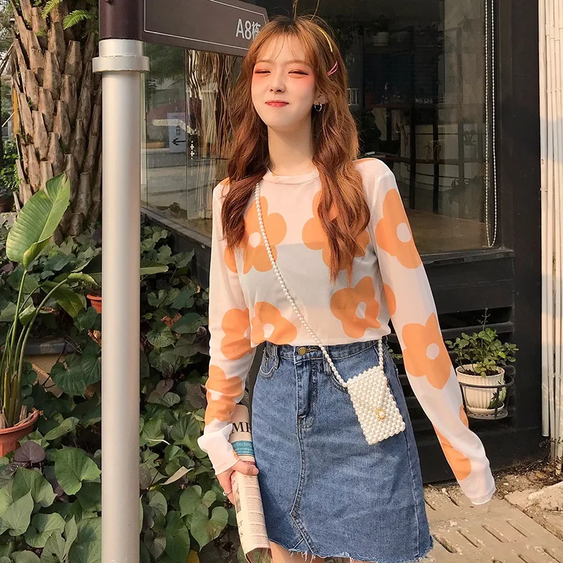 Женская футболка с длинным рукавом Повседневная тонкая Сетчатая круглым вырезом