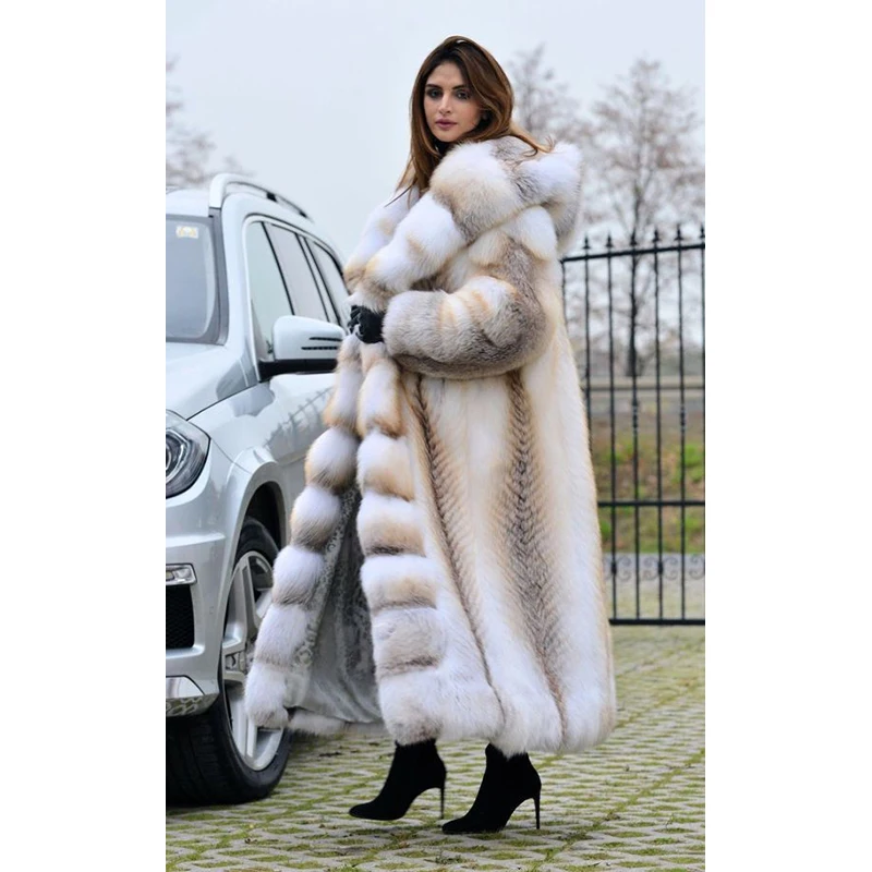 FURSARCAR 2021 New Luxurious Real Natrual Golden Fox Fur Jacket With Hood Thick Fashion 120cm X-Long Women Winter Fur Coat
