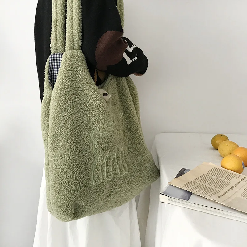 

Women Lamb Like Fabric Shoulder Bag Simple Canvas Handbags Large Capacity Tote Embroidery Shopping Bag Cute Book Bags For Girls