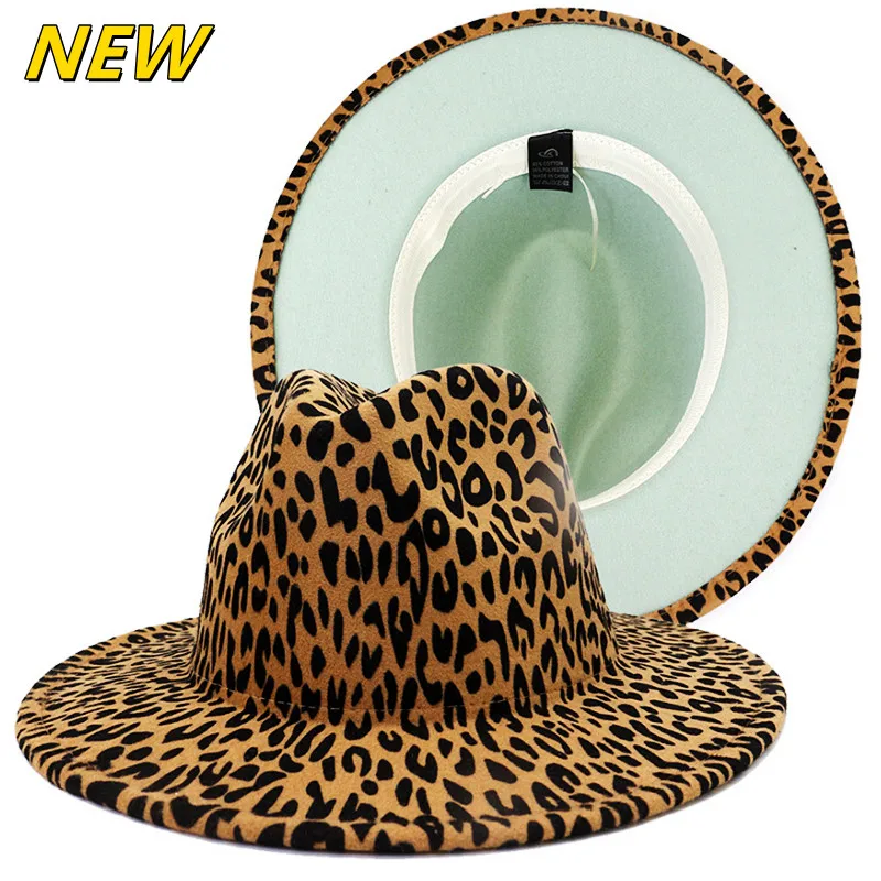 

Fedora hat new leopard print bottom light green big brim Panama felt hat men's jazz hat new top hat ladies шляпаженская