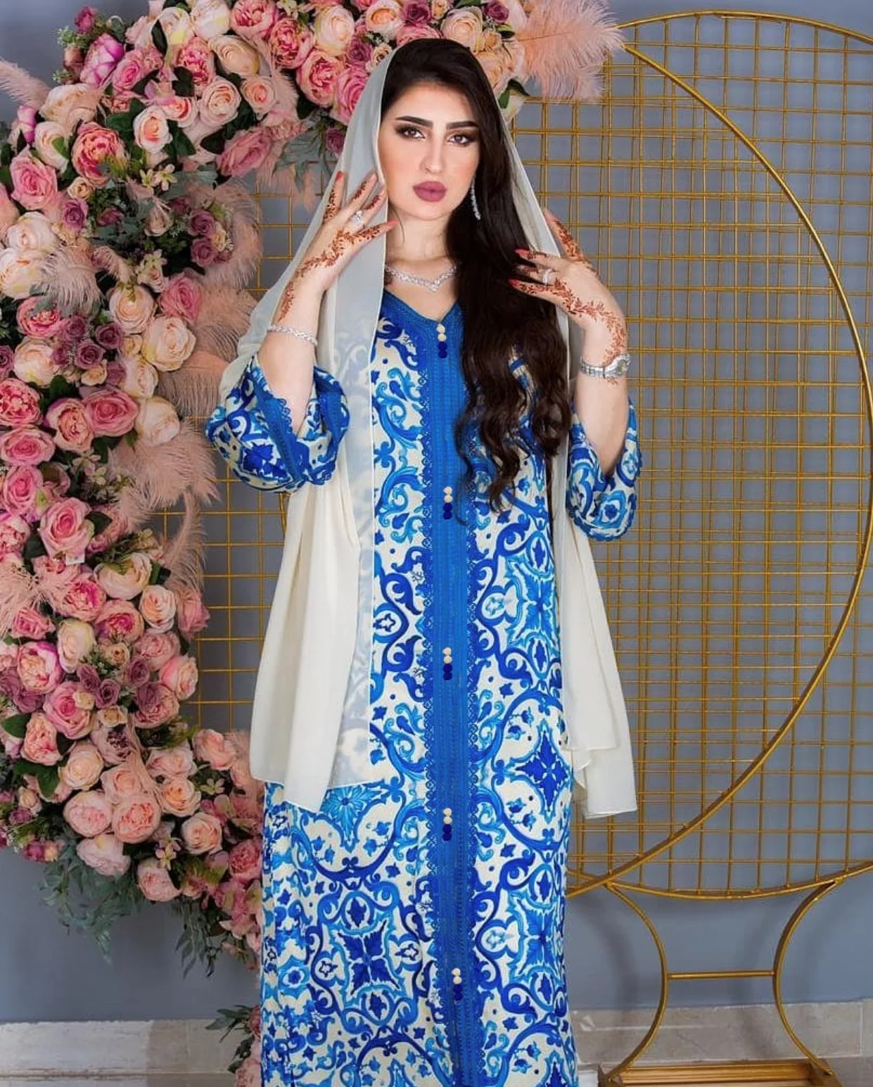 

Ab076 Porcelain Blue Printed Robe Abaya Dubai Ramadan Muslim Middle East Muslim Women's Wear Dress V Collar Long Arabic Clothing