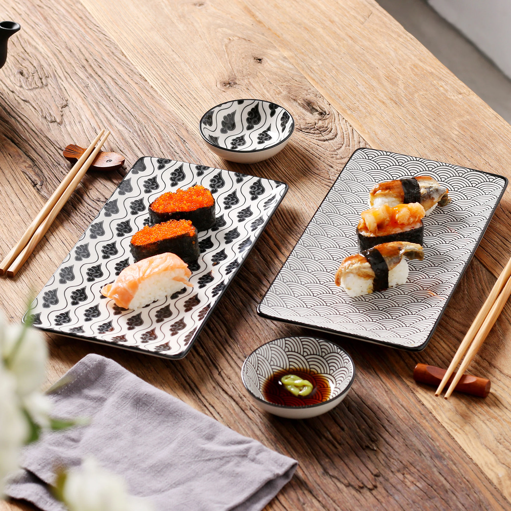 

Vancasso Haruka Japanese Style Porcelain Sushi Plate Set with 2*Sushi Plates,Dipping Dishes,2 Pairs of Bamboo Chopsticks Gift