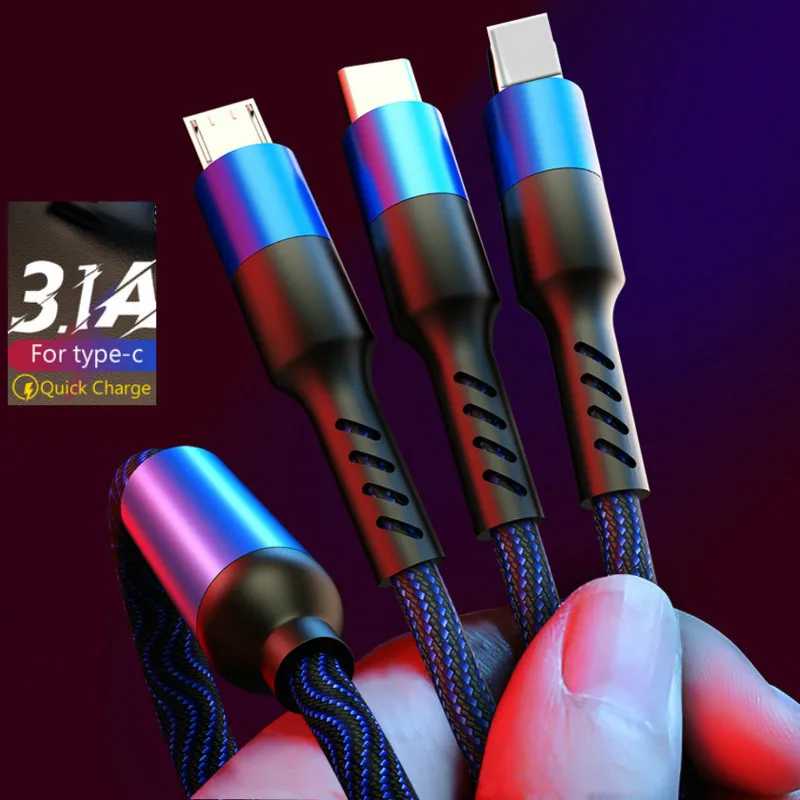 Кабель быстрой зарядки 3 в 1 с разъемом Type C 8Pin Micro USB нейлоновый Плетеный более