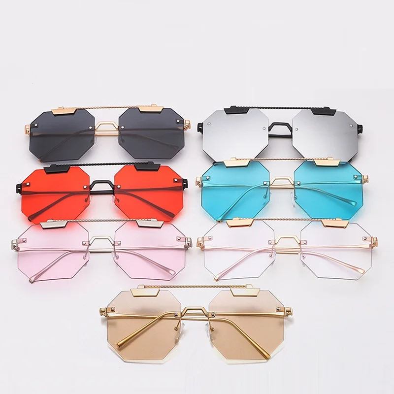 

High Quality Rimless Square Sunglasses Women Oversized Eyewear Steampunk Sun Glasses For Female Man Blue Shades Zonnebril New